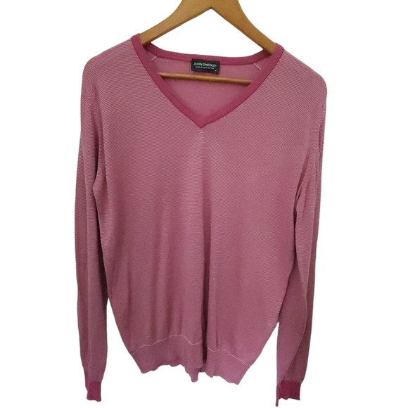 JOHN SMEDLEY Sea Island Cotton sweater V neck striped pink medium made in UK - Picture 3 of 14